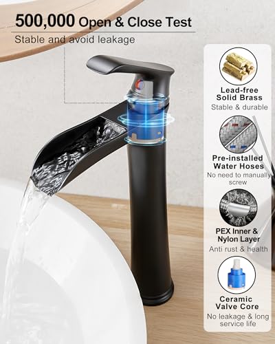 Waterfall Bathroom Sink Faucet, Brass Tall Black Bathroom Faucet Single Handle Vessel Faucet, Bathroom Faucets One Hole Mixer Bowl Tap with Pop-Up Drain Water Hoses for Vanity Lavatory Farmhouse - color: Matte Black