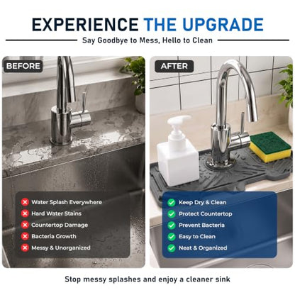 Sink Splash Guard [2-Pack, Grey] - 14.6" Silicone Faucet Mat for Kitchen Sink, Drip Catcher & Countertop Protector | Foldable Kitchen Sink Faucet Mat, Water Drainage Pad for Bathroom & RV