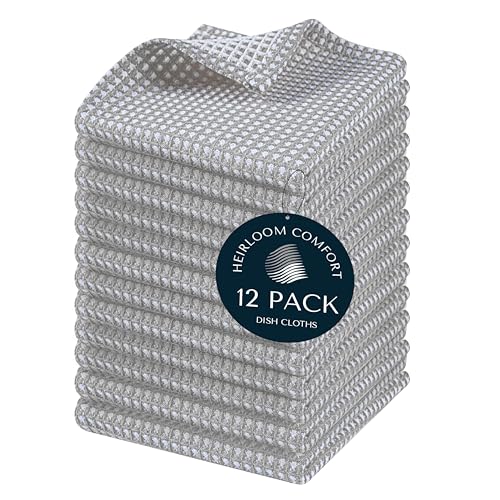 12 Pack Dual Reversible Waffle Weave Dish Cloth, 12x12 Inch, 100% Cotton, Absorbent Dishcloth Set, Quick Dry, Soft for Cleaning, Wiping, Hand Towels, Dish Rags, Durable, Ash Grey - color: Ash Grey