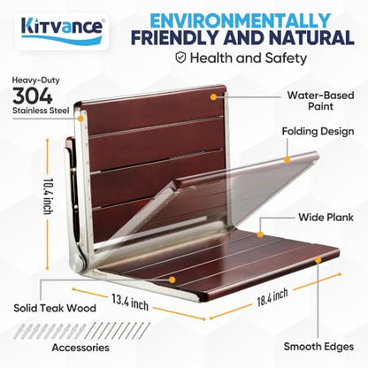 [Upgraded Version] 18" ADA Compliant Folding Teak Shower Seat Wall Mounted-Folding Shower Bench, Folding Shower Seat for Inside Shower, Teak Foldable Shower Chair, Fold Down Shower Seat, Max 400lbs - size: 18.4*13.4*10.3 Inch Teak