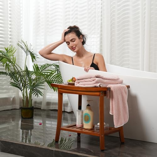 Utoplike Teak Shower Bench Seat with Handles, Bath Chair Stool for Inside | Portable Wood Spa Chair With Towel, Storage Shelf, 22" x 13" x 18.6", for Outdoor Bathroom Use - size: Large