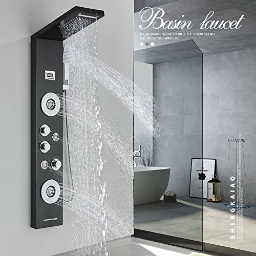 LED Light Shower Panel Tower Rainfall Waterfall Shower Head with Massager Jets Body System Jet Black B (Color : Black H) - color: Black H