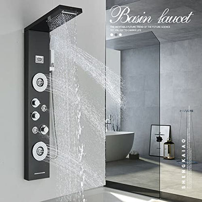 LED Light Shower Panel Tower Rainfall Waterfall Shower Head with Massager Jets Body System Jet Black B (Color : Black H) - color: Black H