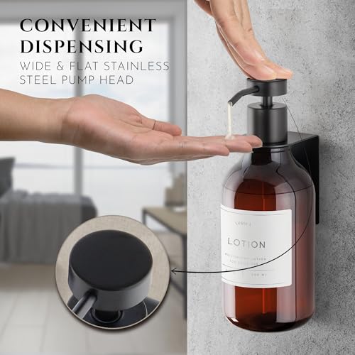 Shower Shampoo Dispenser Wall Mounted – 3 Refillable 16.9 oz Amber Bottles with Stainless Steel Pumps & No-Drill Adhesive Holders – Soap Dispenser Set for Bathroom (3 X Amber/Black) - color: 3 X Amber/Black