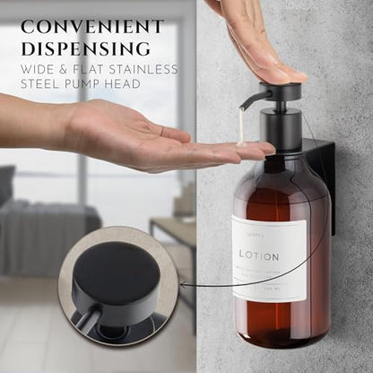 Shower Shampoo Dispenser Wall Mounted – Refillable 16.9 oz Amber Bottle with Stainless Steel Pump & No-Drill Adhesive Holder – Soap Dispenser for Bathroom (1 X Amber/Black) - color: 1 X Amber/Black