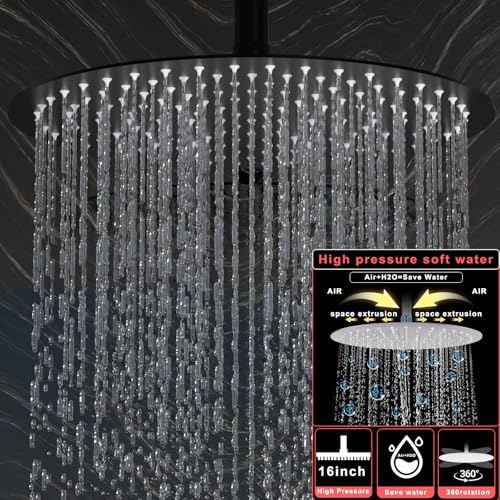 HOMEDEC 16inch Round Shower System with 6" Wall Mounted Shower Head, 4 Way Shower Diverter Valve with 2-Function Handheld Shower and Body Jets, Black - color: Black, style: 4-Way + 1x 6" Top