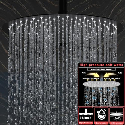 HOMEDEC 16inch Round Shower System with 6" Wall Mounted Shower Head, 4 Way Shower Diverter Valve with 2-Function Handheld Shower and Body Jets, Black - color: Black, style: 4-Way + 1x 6" Top