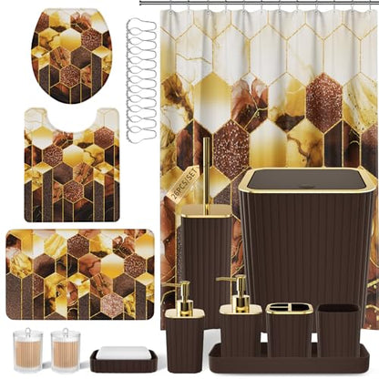 XLHOMO Bathroom Set - 26PC Bathroom Set with Shower Curtain and Rugs, Bathroom Accessory Set, Brown Bathroom Accessories Set, Trash Can & Soap Dispenser - style: Traditional