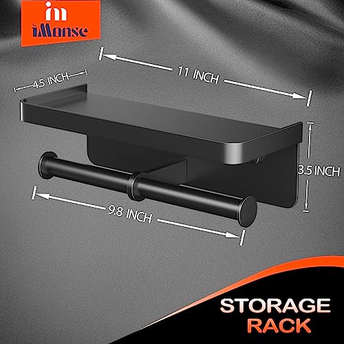 Double Toilet Paper Holder with Shelf, Commercial Toilet Paper Towel Holder Wall Mount, Tissue Roll Holder for Bathroom Kitchen RV, Double Tissue Roll Rack with Adhesive & Screw (Matte Black) - color: Black-twoside