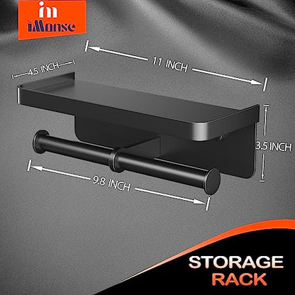 Double Toilet Paper Holder with Shelf, Commercial Toilet Paper Towel Holder Wall Mount, Tissue Roll Holder for Bathroom Kitchen RV, Double Tissue Roll Rack with Adhesive & Screw (Matte Black) - color: Black-twoside