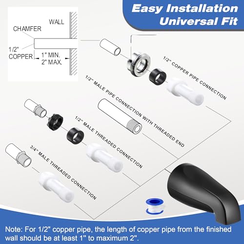 Dreyoo Tub Spout (Universal Fits 1/2" Copper Pipe, 1/2" IPS and 3/4" IPS), Bathroom Bathtub Faucet with Adapters and Hex Wrench(Matte Black,Without Diverter) - color: Matte Black, style: Without Diverter
