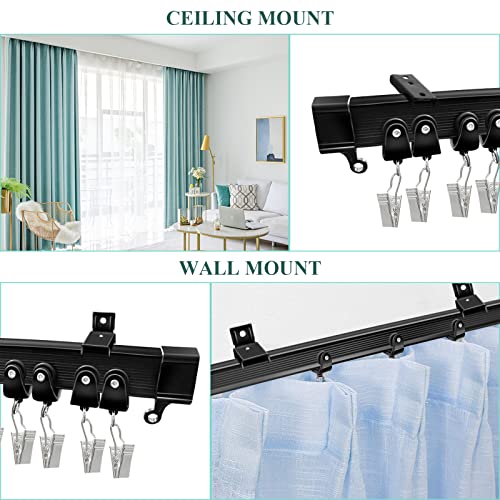 Ceiling Curtain Track, Black Flexible Bendable Curtain Track 12 Ft Curved Curtain Rail Ceiling Wall Mount Sliding Curtain Ceiling Track System Set for Bay Window, Room Divider - color: Black, size: 12Ft