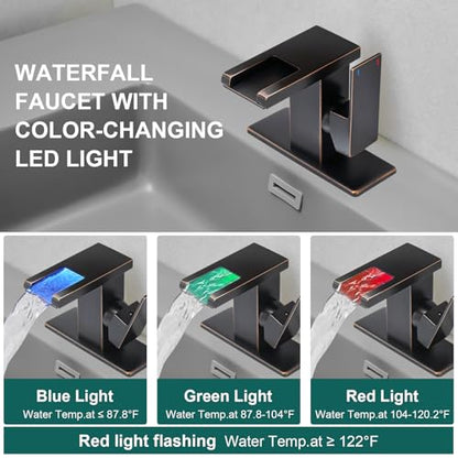 Hoimpro LED Bathroom Faucet, Single Handle Sink Faucets Bronze | Waterfall Widespread Faucet, 3 Colors Light Changing, with Pop-up Drain & cUPC Supply Lines, for Sink Vanity RV Restroom - color: Oil Rubbed Bronze