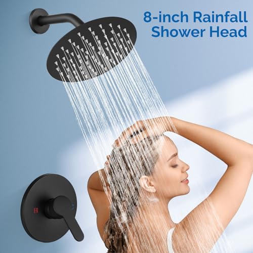 Airuida Shower Faucet Set,8 Inch Matte Black Shower Trim Kit | Round Rainfall Shower Head,Single Handle,Male Threads Rough-in Valve,Wall Mount Bathroom System - color: Black, size: 8 Inch