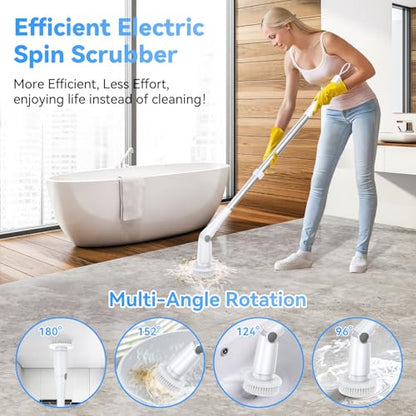 Electric Spin Scrubber, Cordless Cleaning Brush with 8 Replaceable Cleaner Brush, Power Shower Scrubber with Long Handle, Electric Scrubber for Cleaning Floor Bathroom Bathtub Tile