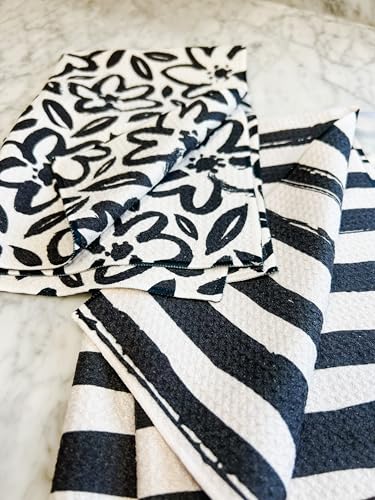 Kitchen Towels, Dish Towels for Kitchen, 2 Pc Kitchen Towel Set | Microfiber Waffle Towels, 16 x 26 inches, with Hanging Loops, Reusable Tea Towels, Cute Kitchen Towels - 2 Pack - color: Black Daisy