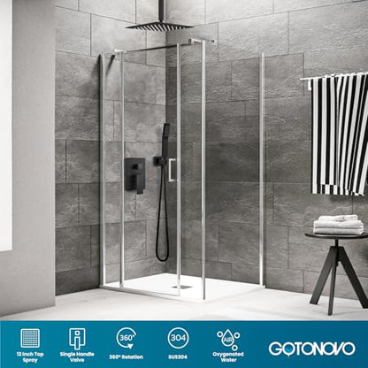 gotonovo Ceiling Shower System with Handheld Matte Black,12 inch Head | Ceiling Mount Bathroom Shower Faucet Set,SUS304 Rainfall Head and Handle Set Combo,Brass Valve Trim Kit,All Metal - color: Black, size: 12 inch Head