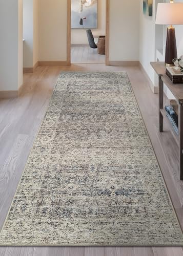Bloom Rugs Caria Washable Non-Slip 7 ft Runner - Beige Brown/Teal Traditional Runner for Entryway, Hallway, Bathroom, and Kitchen - Exact Size: 2'6" x 7' - color: Beige Brown / Teal, size: 2'6" x 7' (Runner)