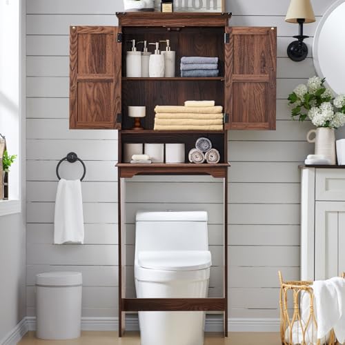 67" Tall Farmhouse Over The Toilet Storage Bathroom Cabinet, Brown | Double Barn Doors, Adjustable Shelf, Open Cubby, Weathered Finish - color: Brown