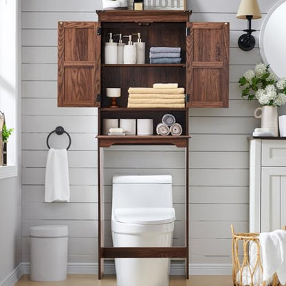 67" Tall Farmhouse Over The Toilet Storage Bathroom Cabinet, Brown | Double Barn Doors, Adjustable Shelf, Open Cubby, Weathered Finish - color: Brown
