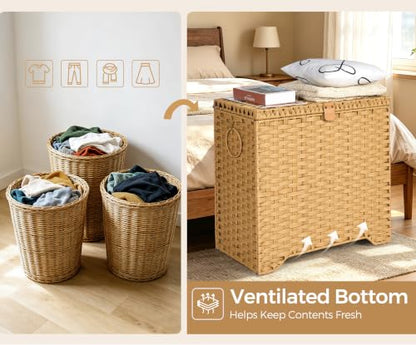 130L Wicker Laundry Hamper with Lid, 3-Section Laundry Basket | 3 Removable Liner Bags; 4 Included Mesh Laundry Bags; Handwoven PP Wicker; Reinforced Steel Frame - color: Natural