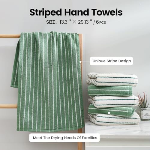 Green Stripe Hand Towels Set of 6，Ultra-Absorbent & Quick-Drying Bathroom Hand Towels 100% Cotton Face Towels, Soft Hand Towels for Bathroom，13” x 29” - color: Green