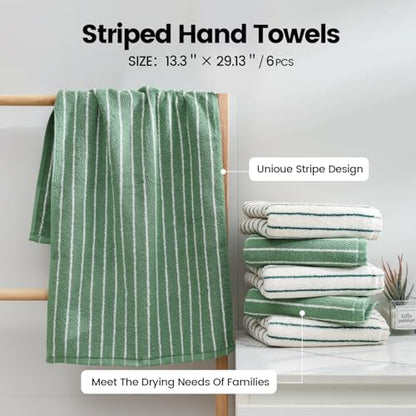 Green Stripe Hand Towels Set of 6，Ultra-Absorbent & Quick-Drying Bathroom Hand Towels 100% Cotton Face Towels, Soft Hand Towels for Bathroom，13” x 29” - color: Green
