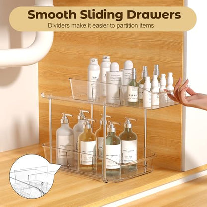 Incostar 2 Tier Pull-Out Organizer for Bathroom Kitchen, Under Sink Storage with Dividers, Ideal for Cabinet, Cupboard Organization, Slide-Out Clear Storage, 2 Pack - style: 2 Pack 2Tier