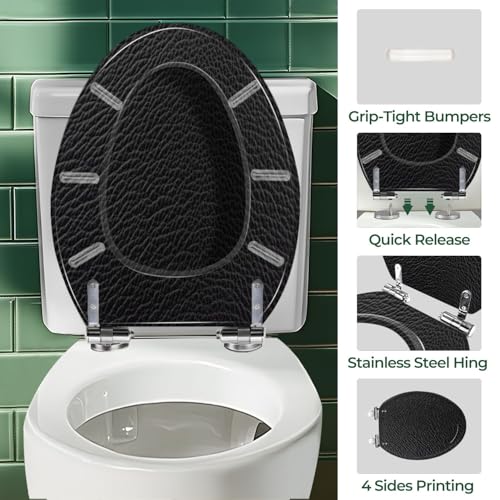 Elongated Resin Toilet Seat, Quietly Close Quick Release Hinges Cover | Toilet Lid Cover Easy to Clean and Install, Black leather texture Heavy Duty Toilet Seat - color: pattern8, size: V-shape