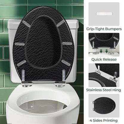 Elongated Resin Toilet Seat, Quietly Close Quick Release Hinges Cover | Toilet Lid Cover Easy to Clean and Install, Black leather texture Heavy Duty Toilet Seat - color: pattern8, size: V-shape