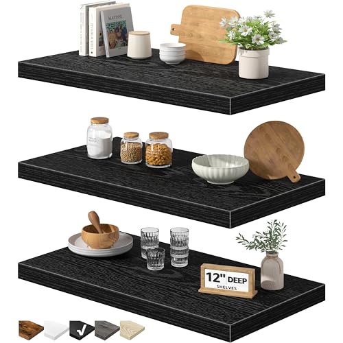 QEEIG 12" Deep Floating Shelves for Wall - 12 x 24 inch Book Shelf Bathroom Bedroom Kitchen Living Room Hanging Bookshelf Farmhouse Set of 3, Black (026-60B3) - color: B. Black, size: 23.6" x 12"