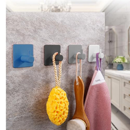 4 Pack Towel Hooks, Waterproof Adhesive Hooks Towel Robe Hook Rack Wall Mount for Bathroom Wall Livingroom Bedroom(Square Grey)