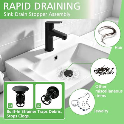 Bathroom Sink Drain with Overflow,Matte Black Bathroom Sink Stopper | for Bathroom Vanity Vessel Sink, Rapid Draining Plastic Pop-up Sink Drain Anti-Clog Strainer,with Silicone Hair Catcher - color: Bathroom Sink Drain-matte Black
