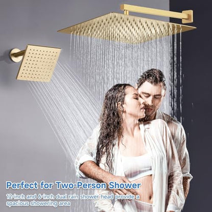 Dual Rainfall Shower Head System Brushed Gold, 3-Function Push Button Shower Faucet Set with 12" Wall Mount Rain shower head and 6" Wall Mount Shower Head, Pressure Balance Rough-in Valve - color: Brushed Gold, style: Wall Mount