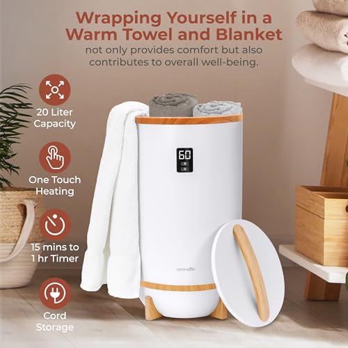 SereneLife Towel and Blanket Warmer - Single Touch Portable Towel Heater for Bathroom, Fragrant Disc Holder, LED Ring, 2 Large Towel Capacity, Built-in Timer (15-60 mins), Auto Shut-Off (White) - color: Bamboo