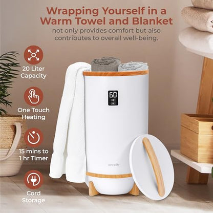 SereneLife Towel and Blanket Warmer - Single Touch Portable Towel Heater for Bathroom, Fragrant Disc Holder, LED Ring, 2 Large Towel Capacity, Built-in Timer (15-60 mins), Auto Shut-Off (White) - color: Bamboo