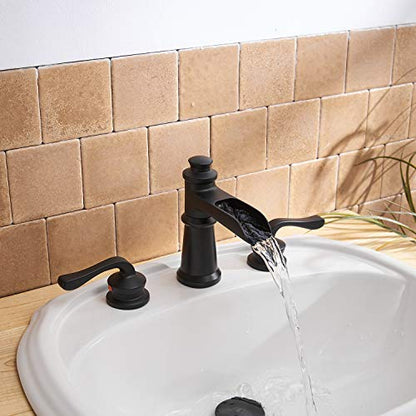 BWE Widespread Bathroom Faucet 3 Holes Matte Black with Pop Up Drain Assembly and Supply Hose Waterfall Black Two-Handle 8-16 inch Bathroom Faucet Lavatory Basin Mixer Tap - color: Black