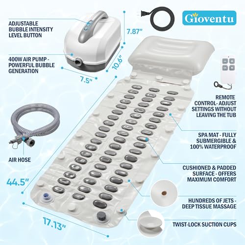 Bathtub Spa Mat, 400W Bubble Massager, 6 Settings, Remote Control, Non-Slip | Full Body Support, Portable Home Spa Jet Mat with Inflatable Pillow, Soft Surface, Strong Suction Cups