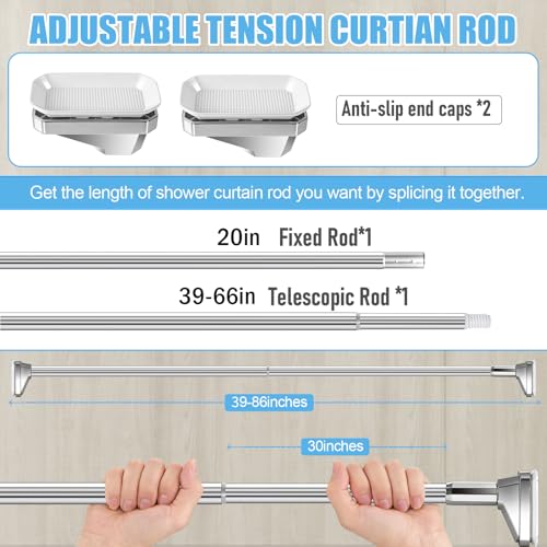 Silver Shower Curtain Rod 39 to 86 Inch,Heavy-Duty inner Lock Stainless Steel Telescopic Rod,1.2-Inch Diameter Bathroom Anti-Rust And anti-Slip Tension Rod Without Drilling,Convenient to Use - color: Stainless steel, size: 39-86 Inches