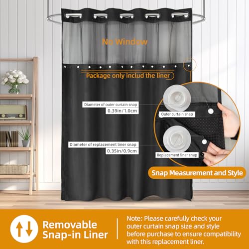 eachope 2 Pack Fabric Snap-in Shower Curtain Liner Replacement,Compatible with No Hook Shower Curtain with Snap in Liner, Removable & Water-Repellent,Machine Washable,70x54,Black