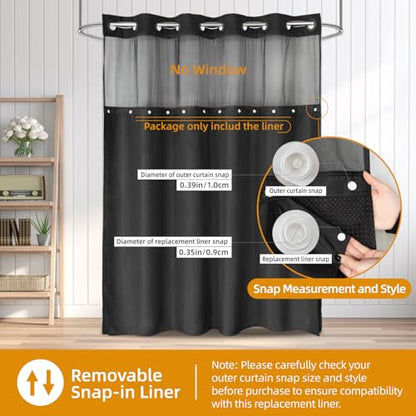 eachope 2 Pack Fabric Snap-in Shower Curtain Liner Replacement,Compatible with No Hook Shower Curtain with Snap in Liner, Removable & Water-Repellent,Machine Washable,70x54,Black