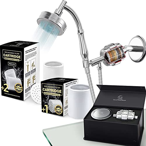 AquaHomeGroup Handheld Shower Head with Filter — 20-Stage Filtration with Vitamin C, E & A — Filtered Shower Head + 2x Filter Cartridge & Single Filter Cartridge Bundle