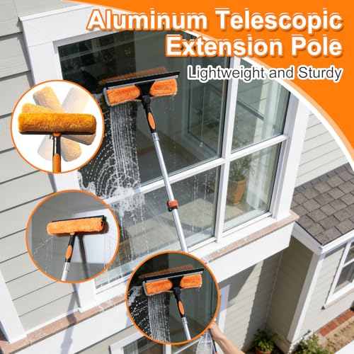 30FT High Window Cleaning Kit, 5-24 FT Telescoping Extension Pole with Dual Action Flip-Lock & Screw Fixing Design, 2-in-1 Window Squeegee, Professional Long Handle Washing Tool for High Windows - size: 5-24FT