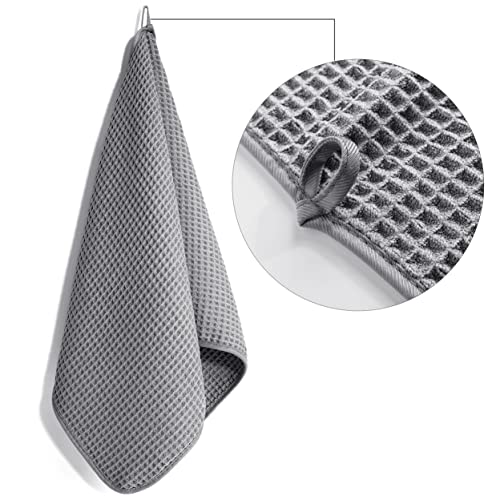 POLYTE 430 GSM Poly Blend Microfiber Quick Dry Waffle Hand Towel, 16x30 in | 4 Pack, Oversize, Lint Free, Quick Dry, Hanging Loop - color: Gray
