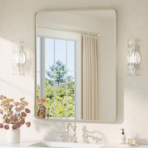 TETOTE Brushed Nickel Mirror 28 x 36 Brushed Nickel Metal Framed Bathroom Mirror, Tempered Glass, Modern Farmhouse Wall Mounted Mirror for Decorative(Horizontal/Vertical) - color: Brushed Nickel, size: 36"L x 28"W