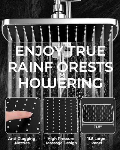 Shower Head with Handheld,High Pressure Chrome Slide Bar ShowerHead | Regaderas Para Shower,11.8" Rectangular,Rain Shower Head,Dual Shower Head,Bathroom Decor,Extension Arm,5 Spray Mode - color: C-Chrome, style: Rectangular 12"