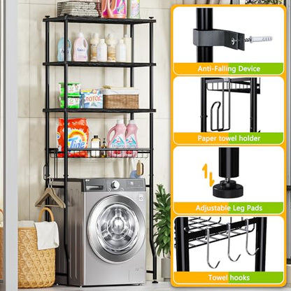 Mlinavn Over-The-Toilet Storage Rack, 4-Tier Bathroom Organizer Shelf Over Toilet with Adjustable Shelf and Basket, Freestanding Space Saver Bathroom Shelves Above Toilet for Room (Black) - color: Round Tube - Black