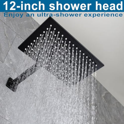 Matte Black Shower Faucet Set, Bathroom Rainfall Shower System with Stainless Steel Metal Showerhead, Single Function Shower Trim Kit with Rough-in Valve - color: Black, size: 12 Inch (Wall Mount)