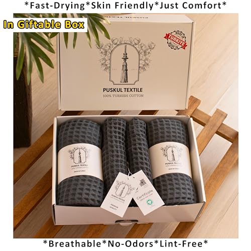 PÜSKÜL Natural 100% Turkish Cotton Waffle Towels Set of 4-Piece, Anthracite | 2-Bath sheet (Extra-large 32x63") and 2-Hand towel (Large 32x16"). Premium honeycomb-waffle weave, oeko-tex made in Turkiye. - color: Anthracithe