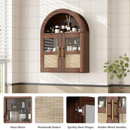 RUSTOWN Arched Bathroom Wall Cabinet with 2 Glass & Rattan Doors | Rattan Medicine Cabinet, Farmhouse Over the Toilet Storage Cabinet, Adjustable Shelves, 3-Tier Wall Mounted Cabinets - color: Walnut